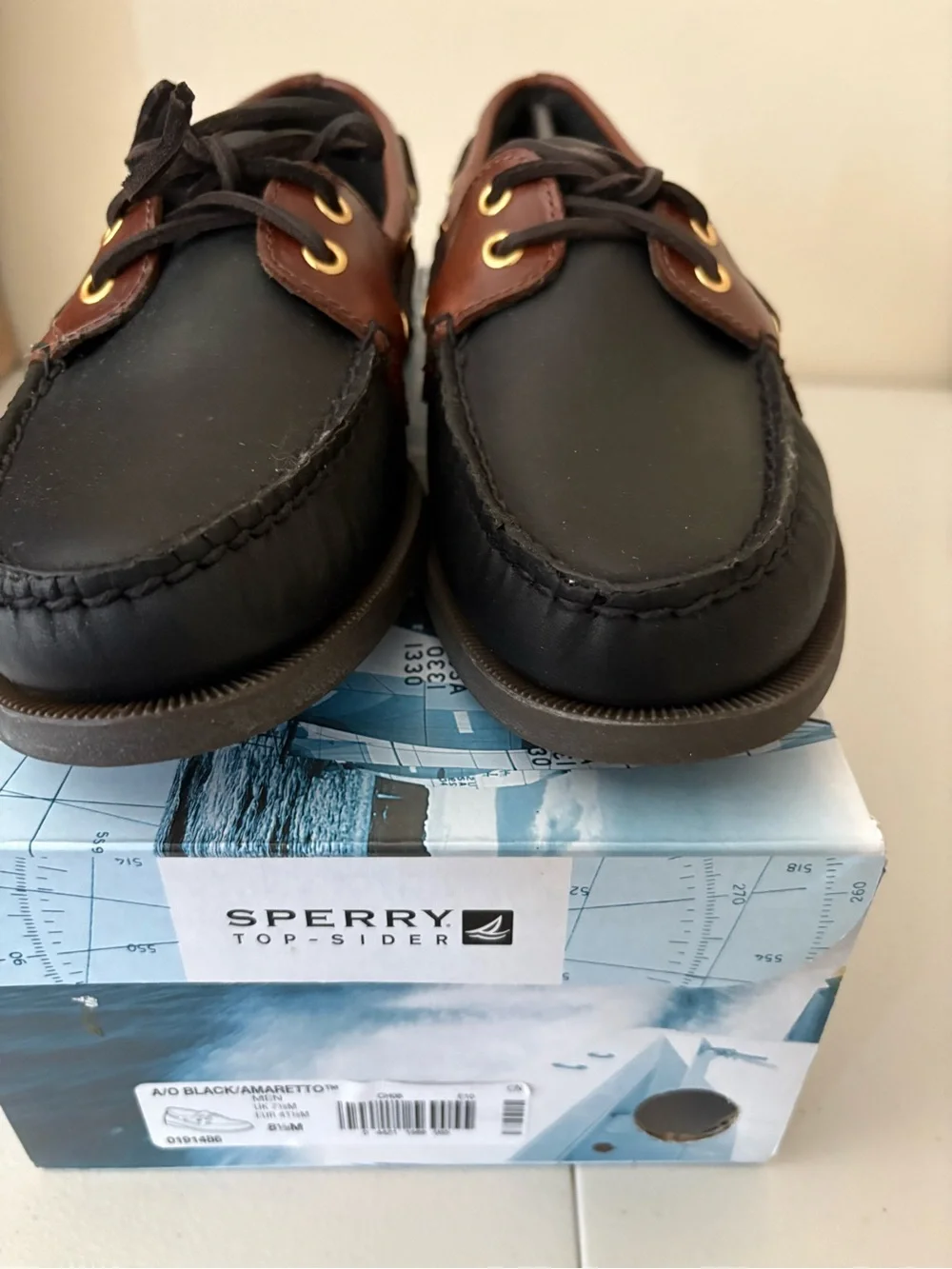 Sperry Men’s 2-Eye Black and Amaretto Boat Shoes Authentic Original NIB 8.5M